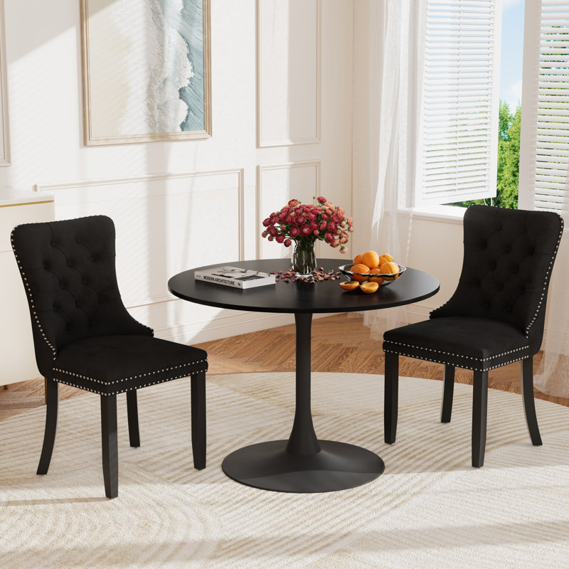 Round Pedestal Dining Set with 2 chairs, Black/Black, Black