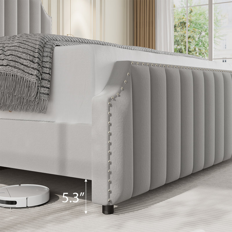Bed Frame with 50.2" Headboard, Upholstered Platform Bed Frame with Vertical Channel Tufted Velvet Fabric, Extra Large Tufted headboard, Nailhead Trim, No Box Spring Needed