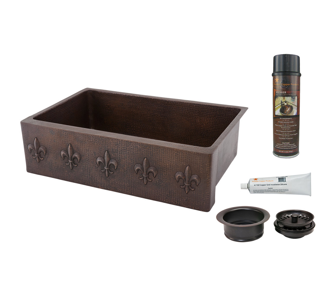 33" Hammered Copper Kitchen Apron Single Basin Sink w/ Fleur De Lis with Matching Drain and Accessories Premier Copper Products