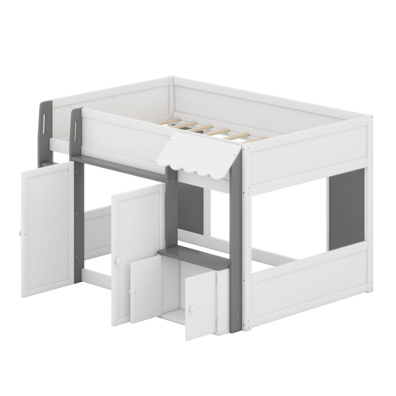 Lit mezzanine moderne avec cadre de maison moderne et aire de jeu dédiée, Blanc + gris
