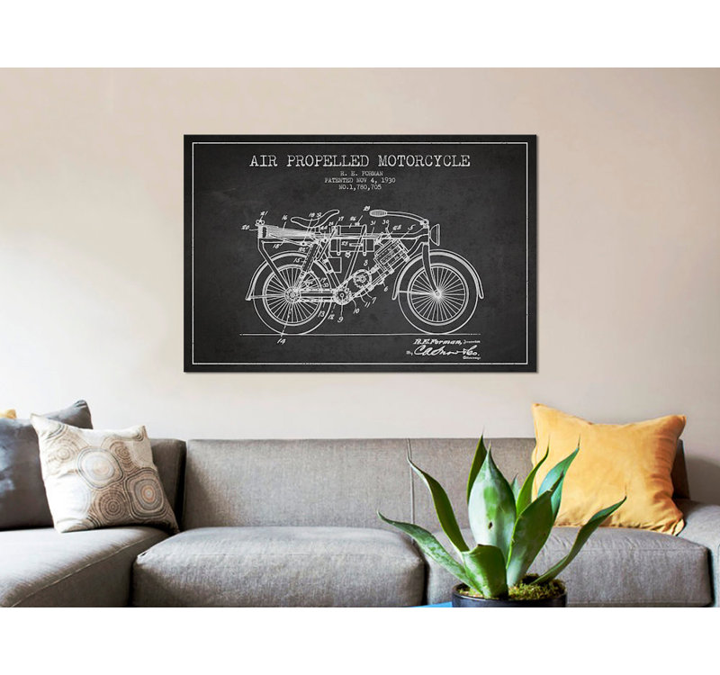R.E. Croquis de brevet de motocyclette Forman, H 40 po x l 60 po x P 1,5 po, Toile tendue, Pas de tapis