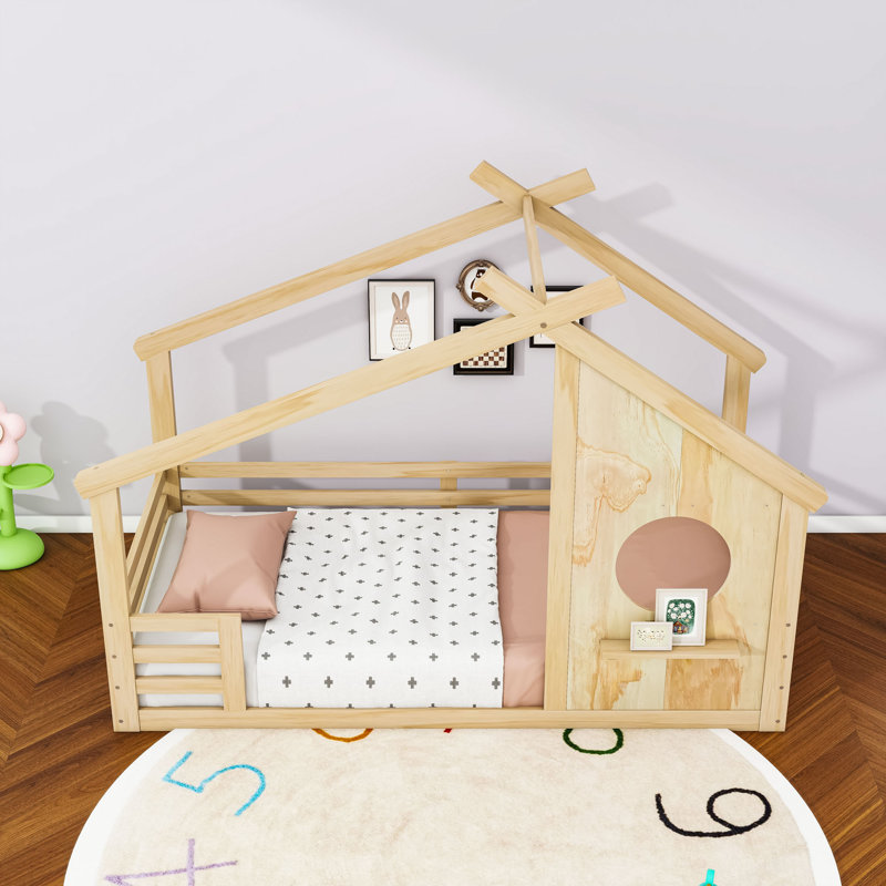 Lit sur pied en bois avec fenêtre et petite tablette, Naturel, Simple