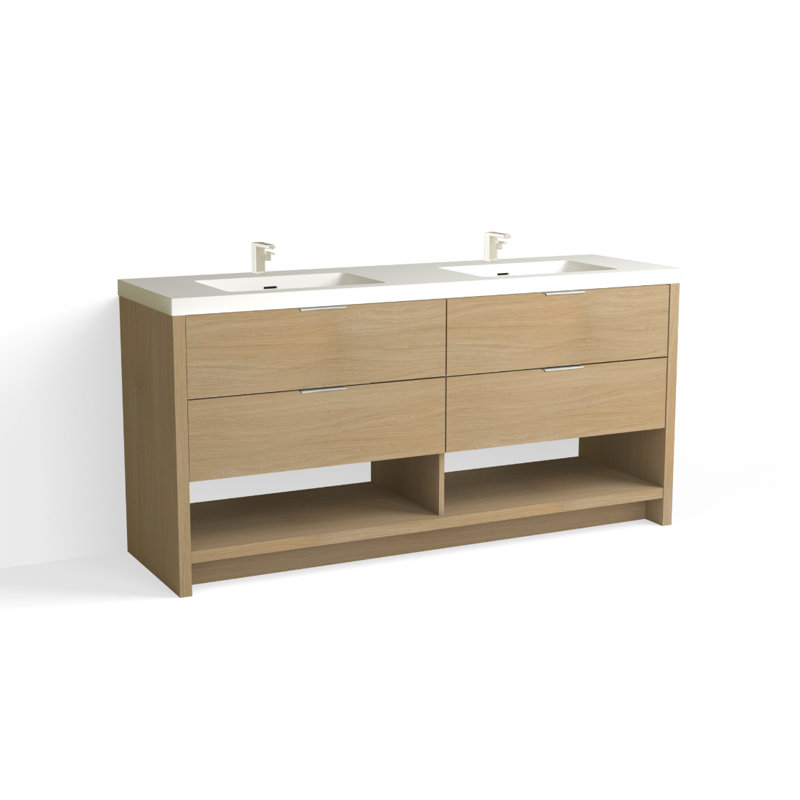Vue 72" W Freestanding Double Bathroom Vanity, Biondo, Matte White/8" Widespread, Polished Nickel