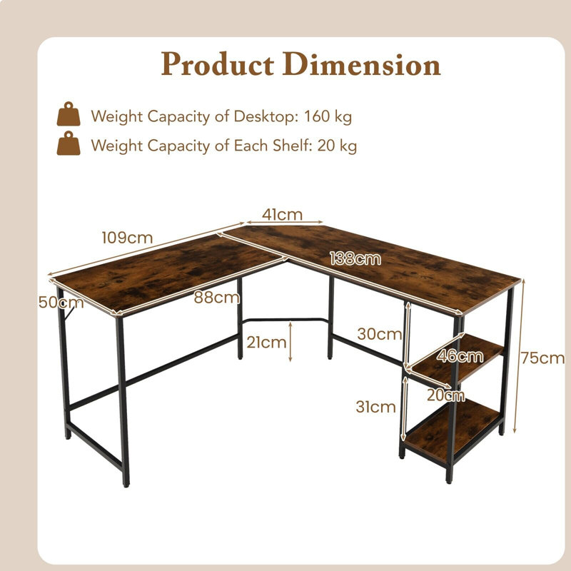 Amekia L-Shaped Metal Base Computer Desk, Brown