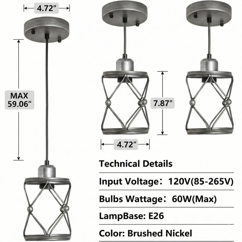 An Industrial-Style Pendant Light Designed For Kitchen Islands. This Rustic Mini-Cage Pendant Lamp In Silver-Grey Finish Features An Adjustable Suspension System And Is Suitable For Dining Rooms, Hallways, Entryways, And Bedrooms.