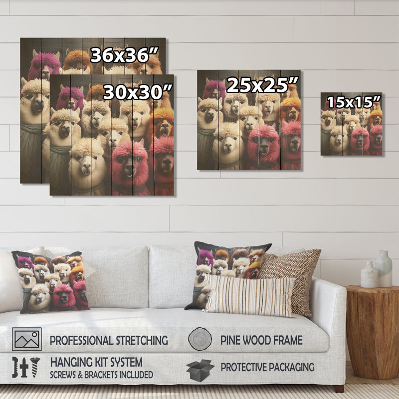 Cheerful Alpaca Family Portrait II - carreaux de bohème sur bois, H 15 po x l 15 po