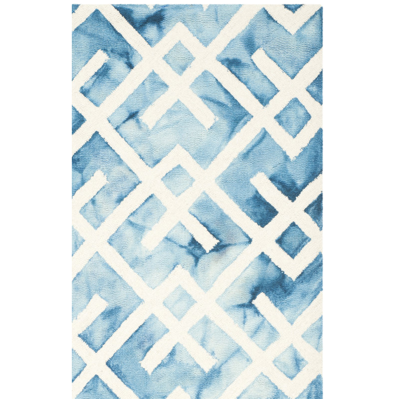 Tapis bleu / ivoire en laine / coton touffeté à la main Bryauna, Rectangle 5 pi x 8 pi