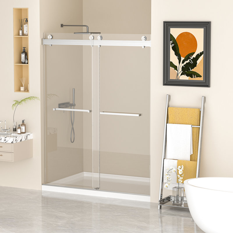 56"-60"W x 76"H Frameless Sliding Shower Door with 3/8" SGCC Tempered Glass,304 Stainless Steel Hardware, Brushed Nickel