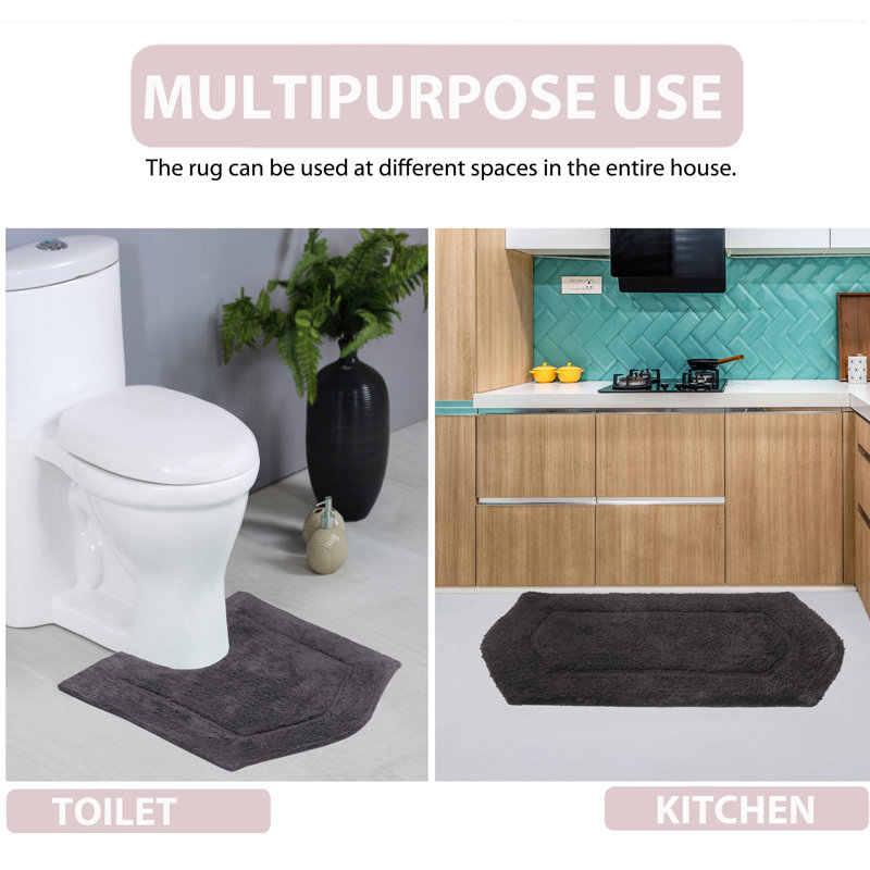 Morissette 100% Cotton Bath Rug, Non-Slip, Quicky Dry, Machine Washable, Absorbent - 3 Piece Set, Gris