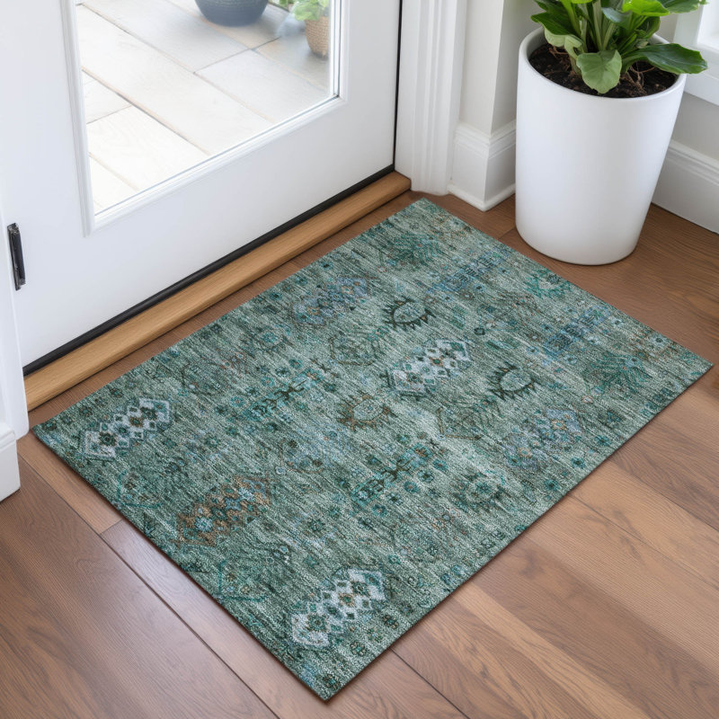 Machine Washable Indoor/Outdoor Xhevrie Green Rug, Rectangle 1'8" x 2'6"