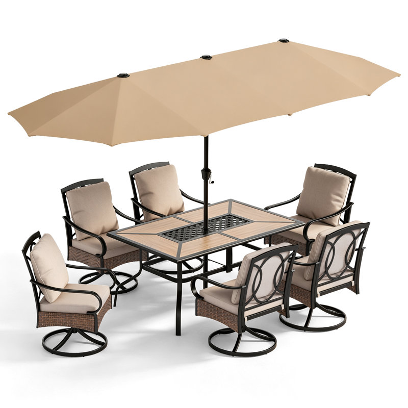 6 - Person Rectangular Outdoor Dining Set with Swivel Chairs & Thick Cushions, Beige