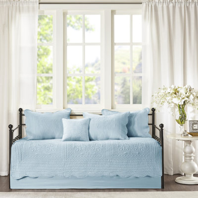 Housse de lit de jour 6 pièces bleu - bord festonné, 100% microfibre avec mélange de coton, style rustique, housse de protection de 17 pouces, 15 pouces, 3 taies décoratives, 1 coussin décoratif, pièces réversibles pour lit simple, coton, champêtre