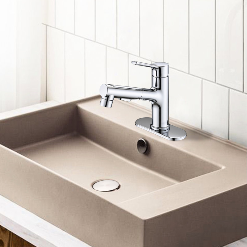 Pull Out Bathroom Sink Faucet, Single Handle Modern, , 3 Spray Settings, Pop-Up Drain & Deck Plate, Stainless Steel Material Basin Handle, , Function Stopper Construction