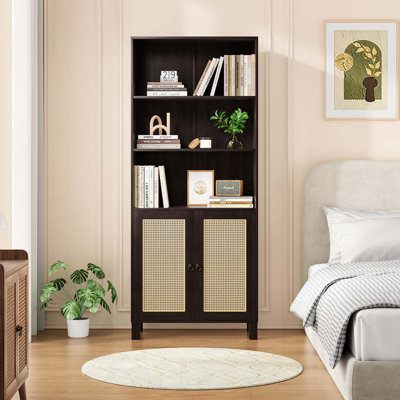 Bookcase with Rattan Doors,5 Tier Storage Wood Shelves