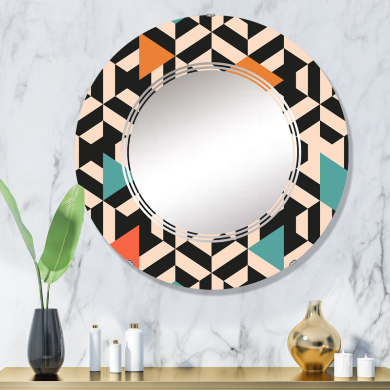 Éléments géométriques rétro multicolores II - miroir mural à motif rond, 32 po x 32 po