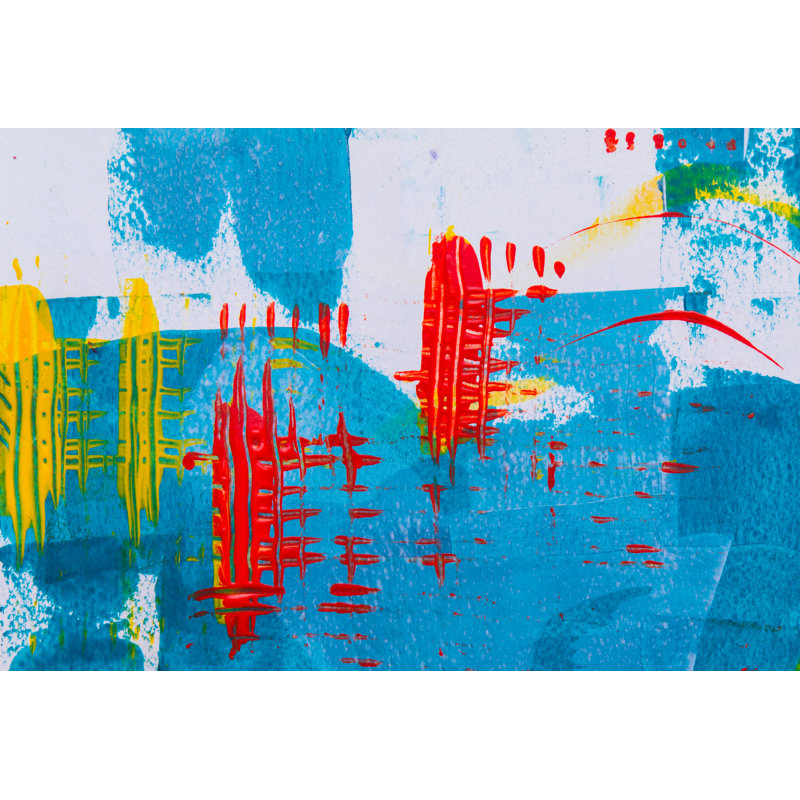 Abstrait peint, bleu, jaune, rouge, H 26 po x l 50 po x P 1,5 po