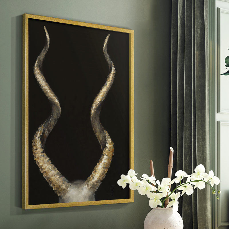 Reproduction encadrée de cornes d'antilope en spirale - bois massif, H 20 po x l 16 po