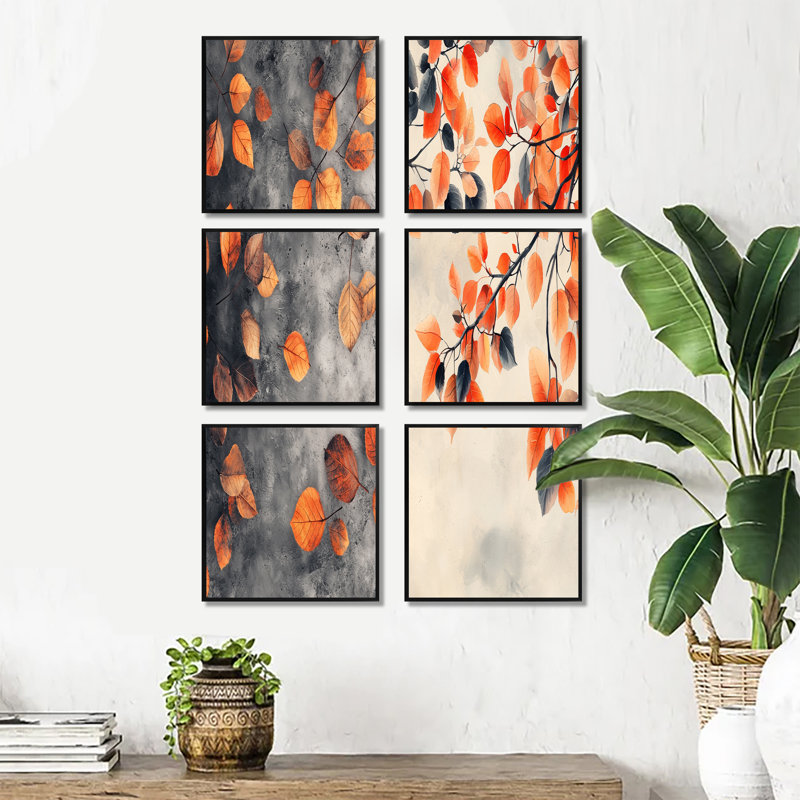 Feuilles d'automne orange - ensemble d'art mural floral de 6, Impression encadrée sans passe-partout, Noir