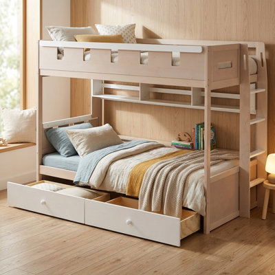 Castle House Loft Bed with LED Light Strip and Storage Drawers, Kids Loft Bed with Built-In Shelf, Guardrails and Space Saving Design for Bedroom