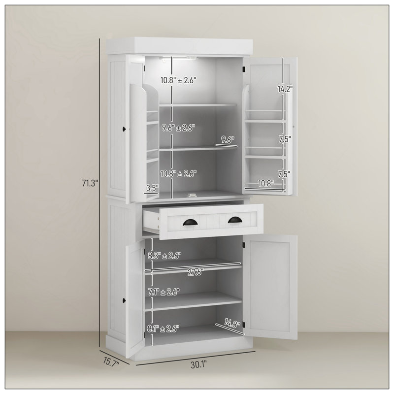 Armoire de cuisine de style nordique avec lumières DEL, 6 tablettes de porte, un tiroir et 4 tablettes réglables, pour votre maison