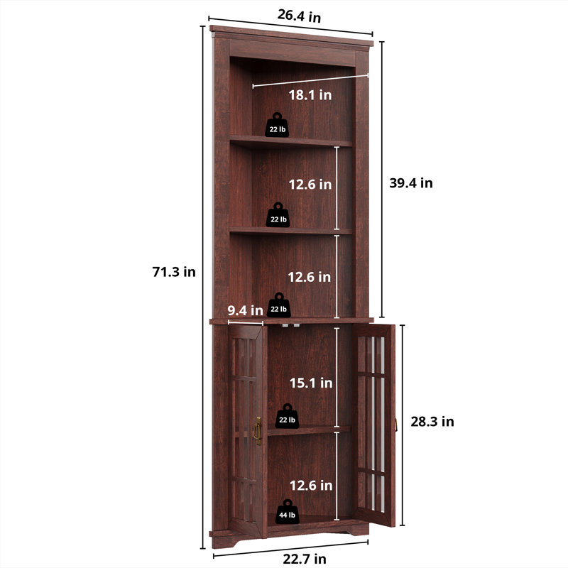 Armoire de coin de 71,3 po de hauteur, armoire de rangement Mid-Century avec portes en verre et tablette réglable, rangement pour salle de bain avec 3 tablettes ouvertes, économiseur d'espace pour la salle de bain, le salon, la cuisine, noyer rouge