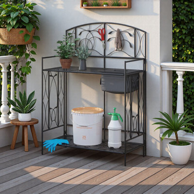 Folding Potting Bench Table, Metal Garden Workstation, Work Bench with Large Built-in Bag with Cover, 5 Hanging Hooks