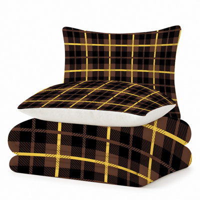 Premium Flannel Lightweight Blanket & 2 Pillow Shams Set with Yellow & Brown Plaid on Black Geometric Ground, Ultra-Soft & Warm Cozy Bedding Set for All-Season, 60" x 80" Blanket + 2 Pillowcases Anti-Pilling & Machine Washable(Set of 3)