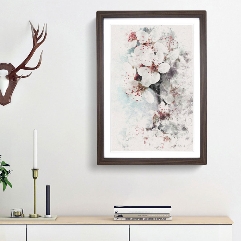 White Blossoms - Picture Frame Painting Print, 87cm H x 62cm W x 2cm D, Walnut Framed