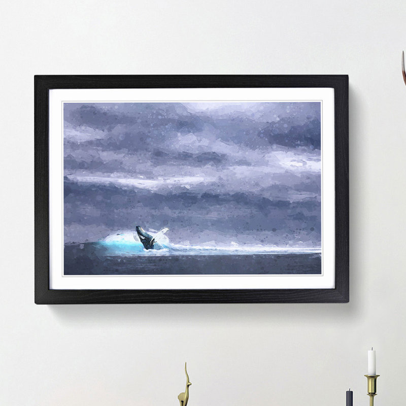 Blue Whale with Ocean Scene in Abstract - Picture Frame Painting Print, Black Framed, 48cm H x 65cm W x 2cm D