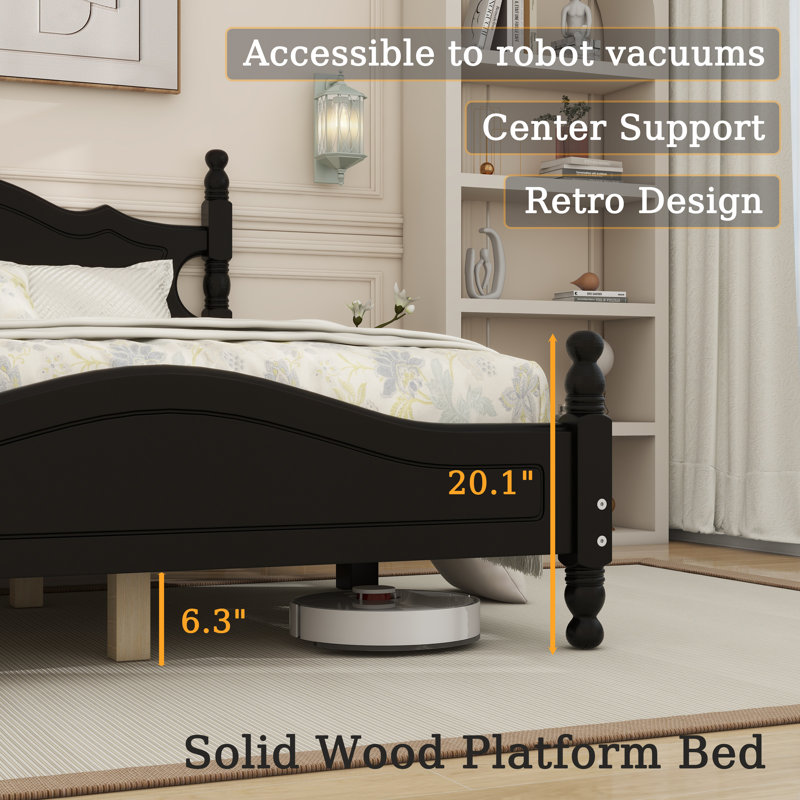 Base de lit plateforme en bois, lit plateforme de style rétro avec support en lattes de bois, Double, Noir