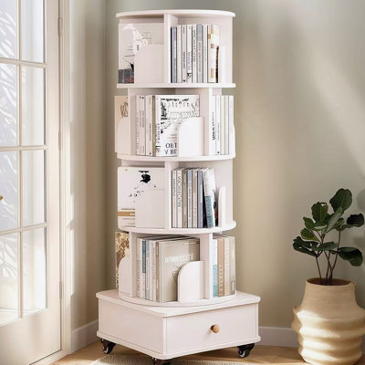 Bibliothèque rotative avec tiroir, bibliothèque d'angle à 5 niveaux à 360 degrés pour les petits espaces, étagère de rangement pour bibliothèque au sol, étagère à livres étroite en bois pour la chambre à coucher (BLANC)