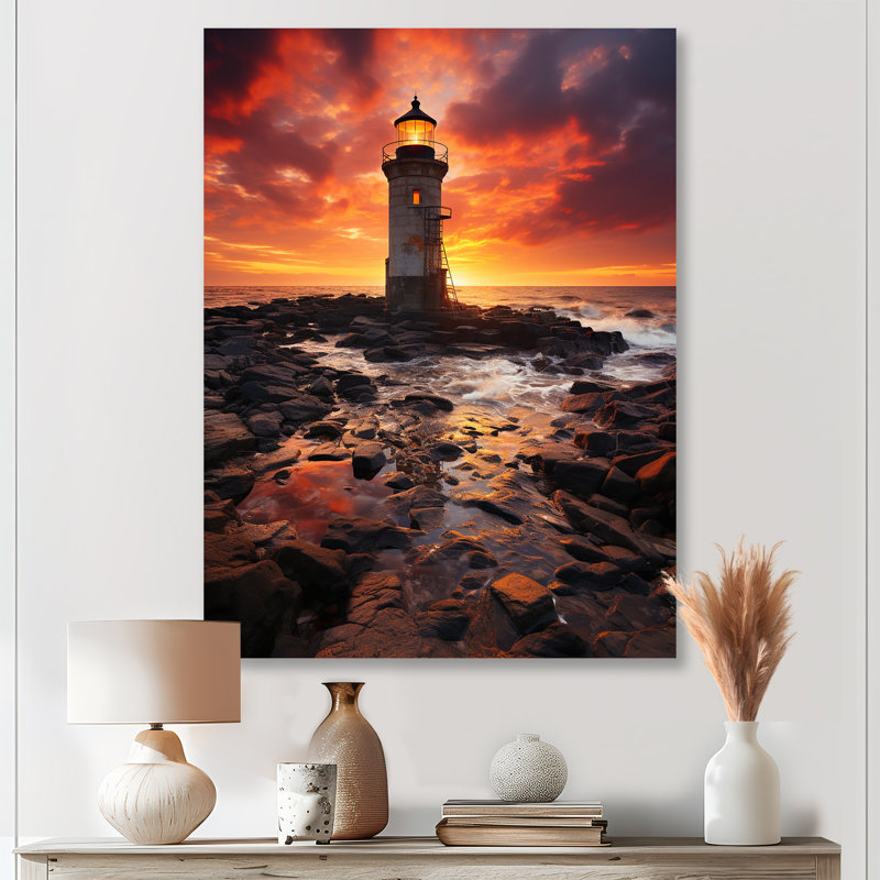 Phare sur le rocher essaim rouge océan coucher de soleil - art mural phares, Métal métal, H 20 po x l 12 po x P 1 po