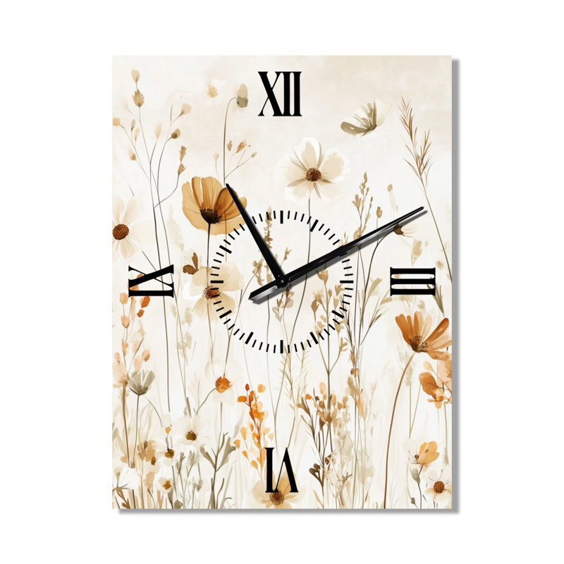 Champ de fleurs sauvages neutre III - Grande horloge murale scandinave en métal, imprimée sur métal