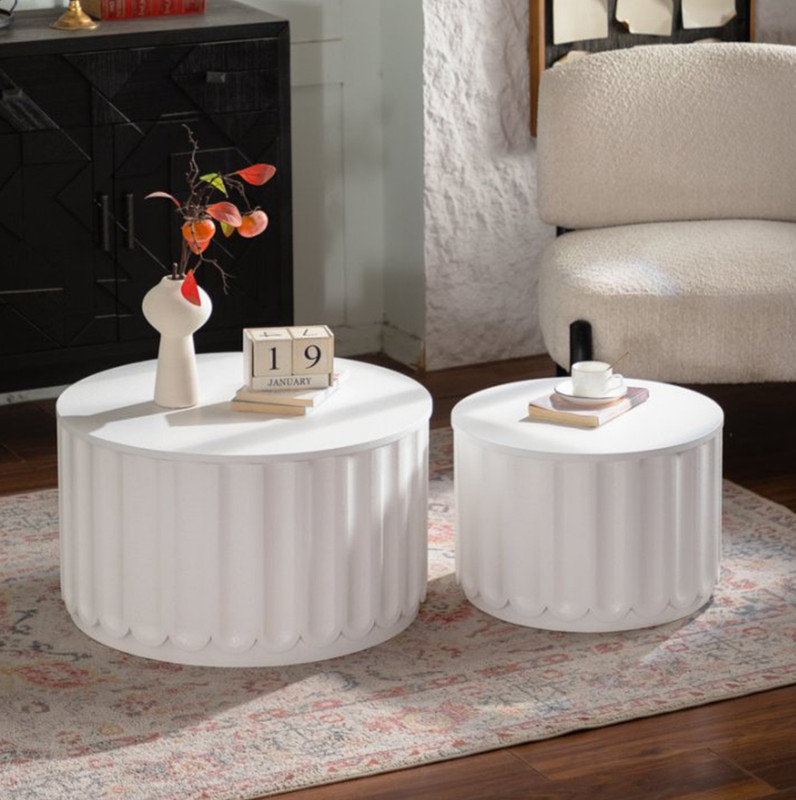 Ensemble de tables de rangement gigognes blanches avec couvercle amovible, tables d'appoint modernes à bord arrondi pour le salon, ensemble de tables basses de rangement cachées