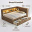 Lit de jour double en bois avec tablettes de rangement Hartland, 2 tiroirs, charge USB intégrée et lumières DEL, cadre de lit plateforme moderne, aucun sommier nécessaire, lit d'invité multifonctionnel-1651031040