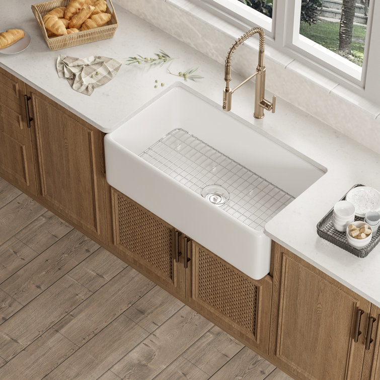DV-1K510 Grove 30" L X 18" W Rectangular White Single Basin Fireclay Farmhouse / Apron Kitchen Sink with Grid and Strainer