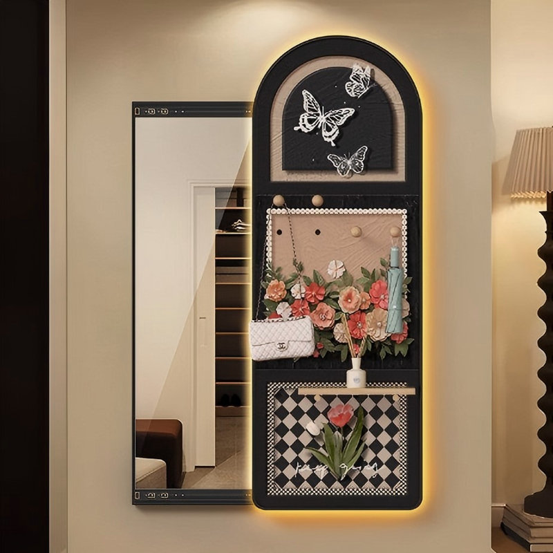 Mid-Century Style Sliding Pegboard Dressing Mirror, 42.52" x 15.75"