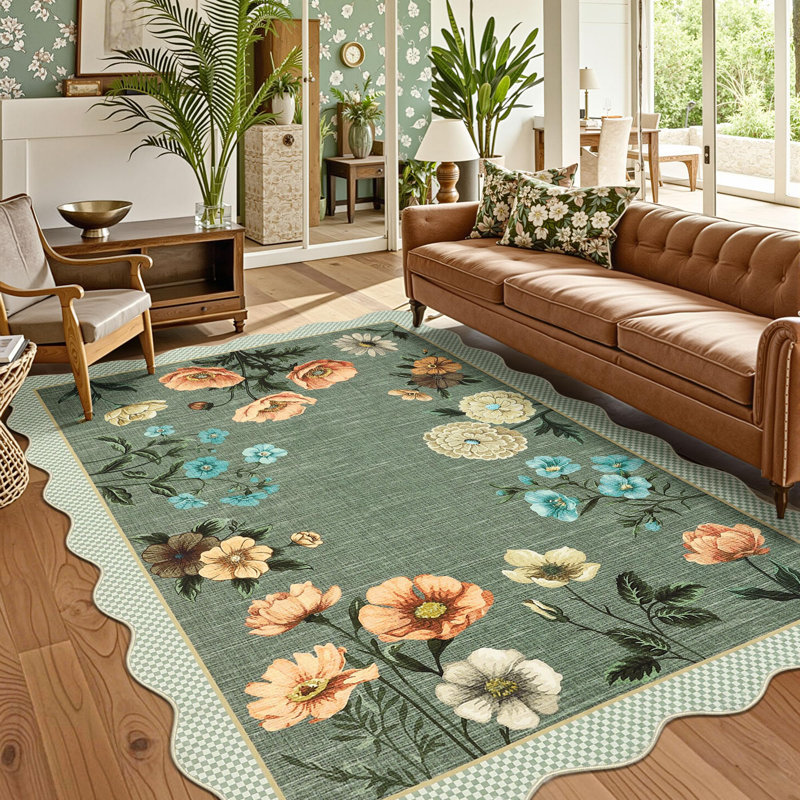Scalloped Rug Machine Washable Floral Living Room Rugs Non Slip Bedroom Carpet for Nursery Dining Room Dorm Office, Green
