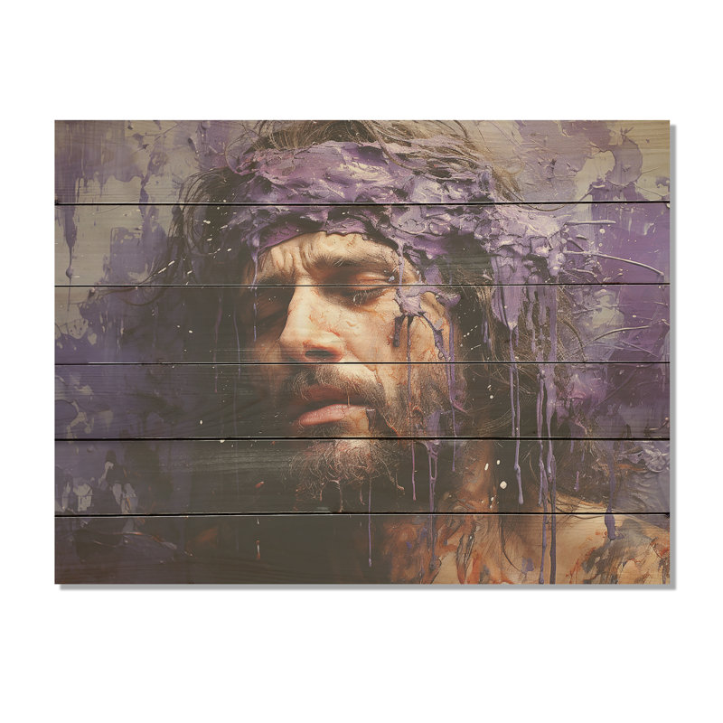 «Jesus Passions», collage mural mauve, art mural sur bois de pin naturel, H 30 po x l 40 po
