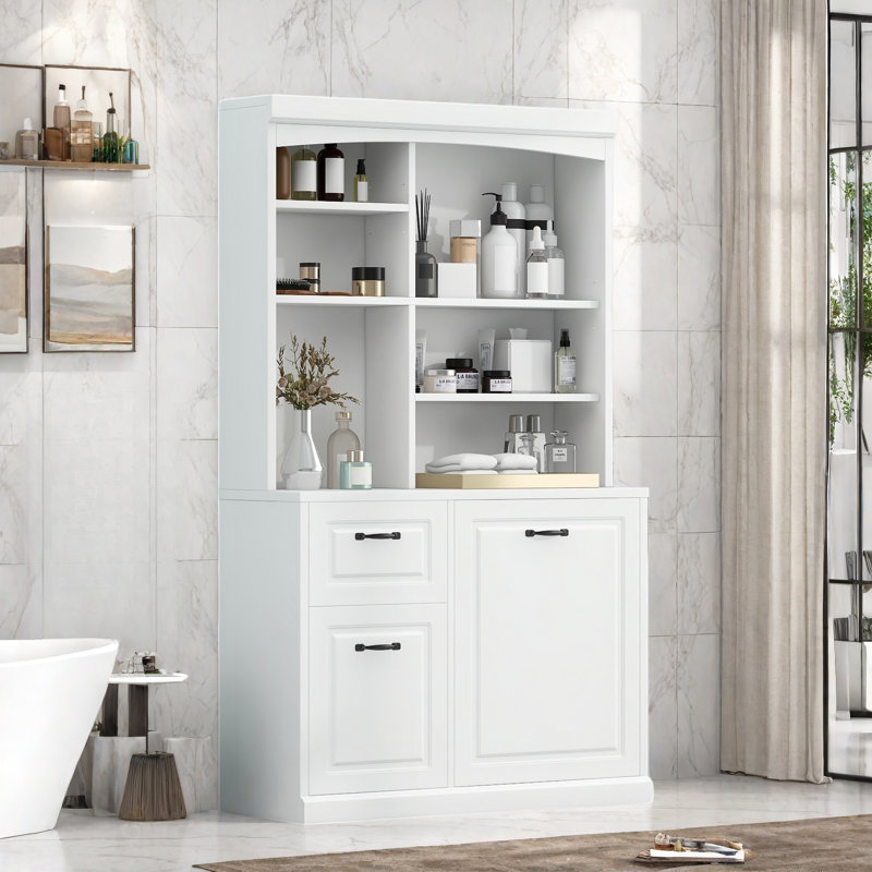 Armoire de rangement de salle de bain 39,30 po avec panier inclinable, grand organisateur autoportant de 70,9 po de hauteur avec tiroirs et tablettes réglables, tour à linge en panneau de fibres à densité moyenne avec poignées en acier