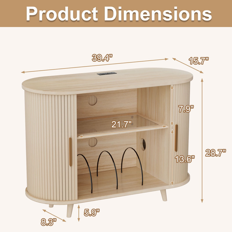 39in Large Record Player Stand with Charging Station & LED Light, Natural Oak, 28.7" H x 39.4" W x 15.7" D, Oak