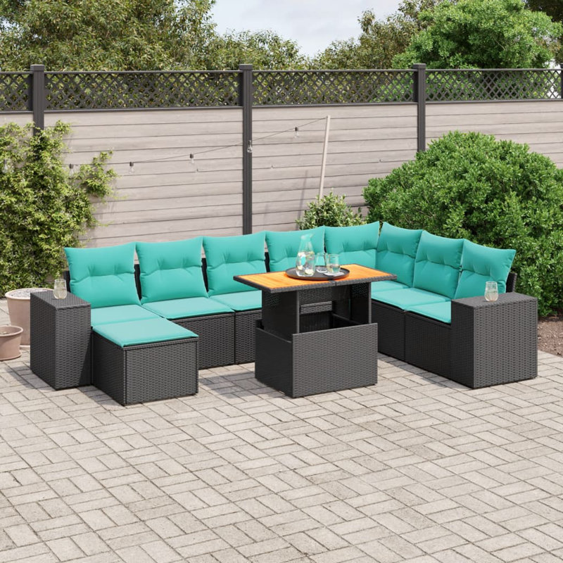  9 Piece Patio Sofa Set With Cushions Poly Rattan, Black, Green