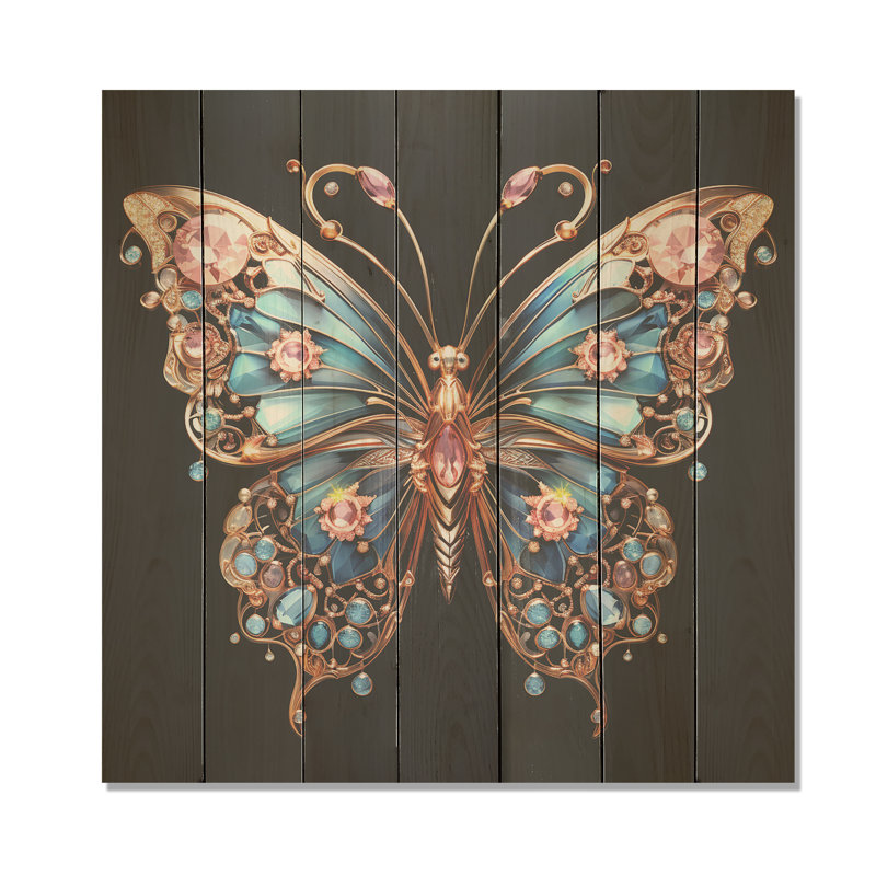 Papillon bleu et rose I - Animal papillon sur bois, H 30 po x l 30 po