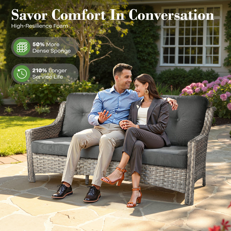Emanuell 7 - Person Wicker Outdoor Conversation Set, Patio Sofa & Swivel Chair Set with Fire Pit and Cushions, Black