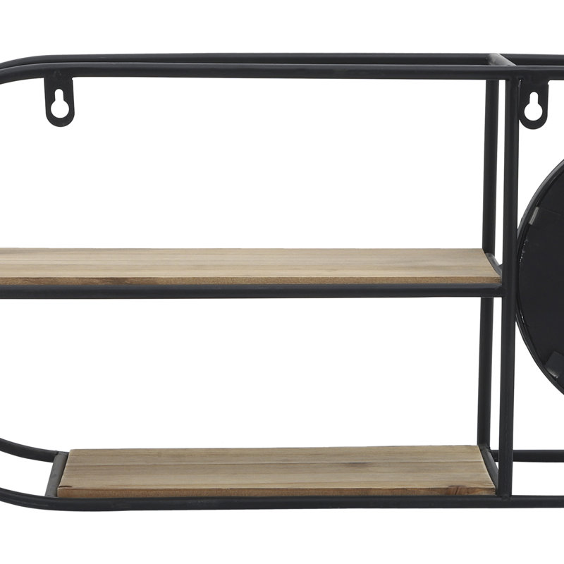Casual Home Metal and Glass Wall Storage with Round Mirror, Iron Frame, Geometric Design and Dual Shelving