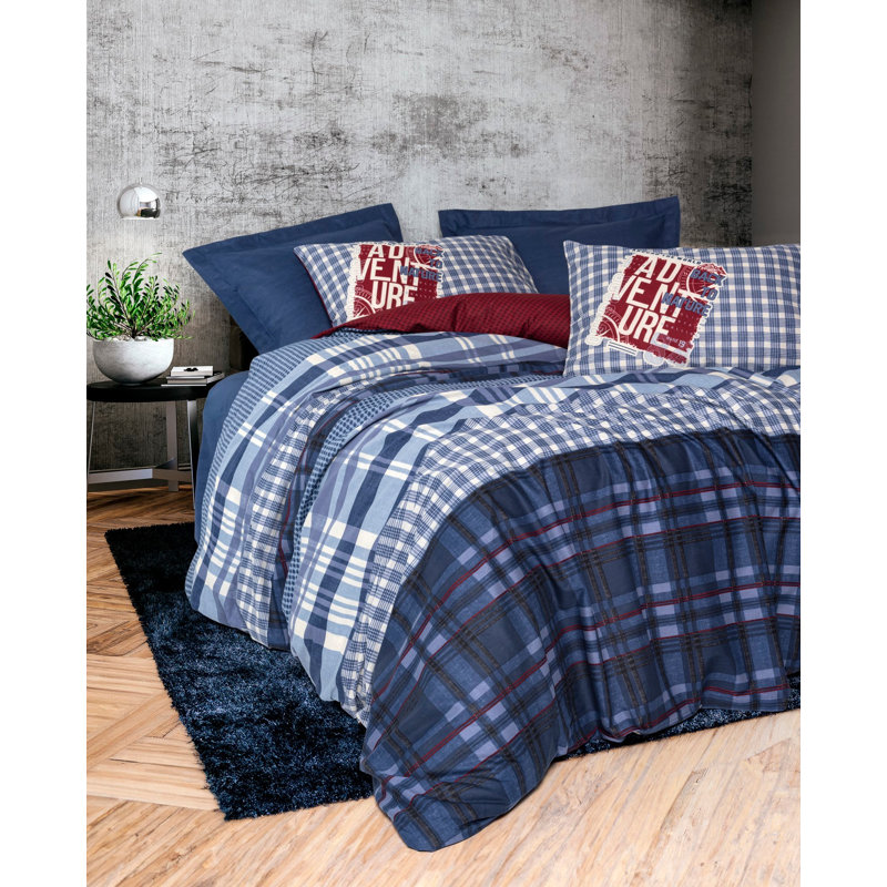 100% Cotton Ranforce Single Quilt Cover Set, Dark Blue | Duvet Cover 55.1 x 78.7 inches & Pillowcase 23.6 x 23.6 inches | Reactive Printing, Machine Washable, 145 Thread Count, Envelope & Button Closure System, Soft & Durable