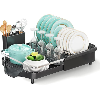 Séchoir à vaisselle réglable en acier inoxydable avec porte-couverts pour comptoirs de cuisine
