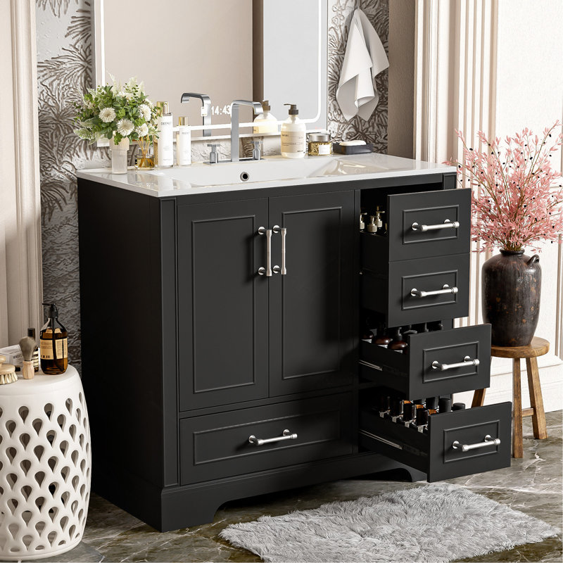 Meuble-lavabo traditionnel 36 po avec lavabo en céramique, armoire de salle de bain noire avec deux portes à fermeture douce et quatre tiroirs