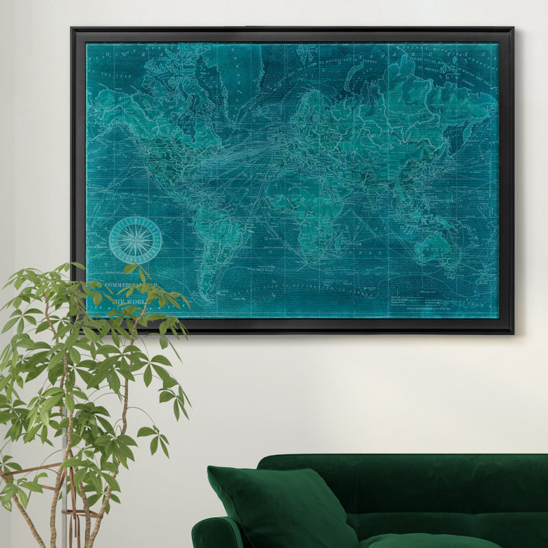 Carte du monde Azur-impression d’art graphique sur toile encadrée, H 18,5 po x l 24,5 po x P 1,5 po, Cadre noir