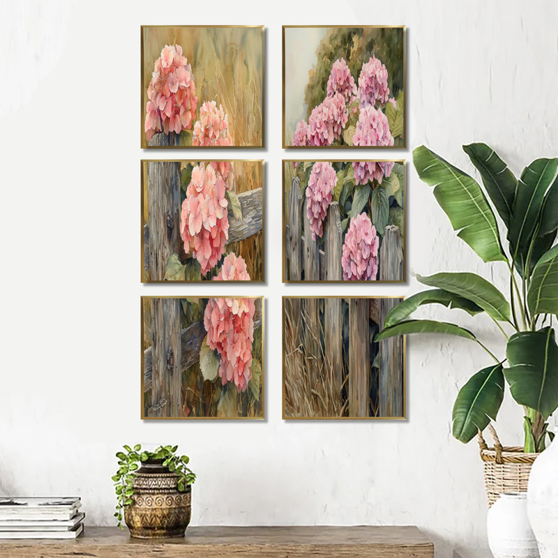 «Farm Hydrangeas By The Fence», ensemble d'art mural floral de 6, Impression encadrée sans passe-partout, Doré